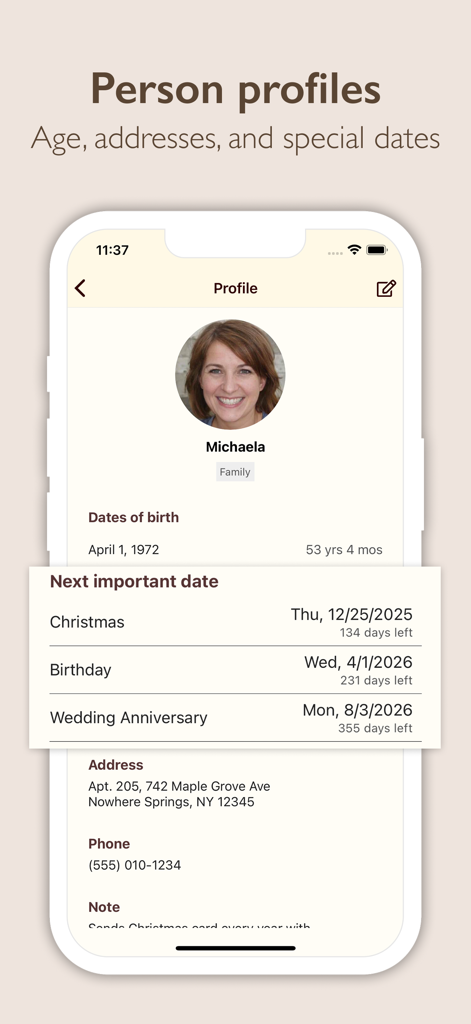 A person profile screen in the Gift Recorder app showing contact details and upcoming important dates.