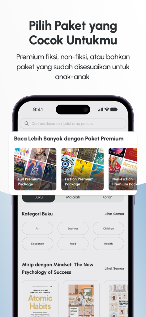Ein iPhone-Bildschirm, der verschiedene Premium-Abonnementoptionen für die Gramedia Digital eBook- und Zeitschriften-App anzeigt.