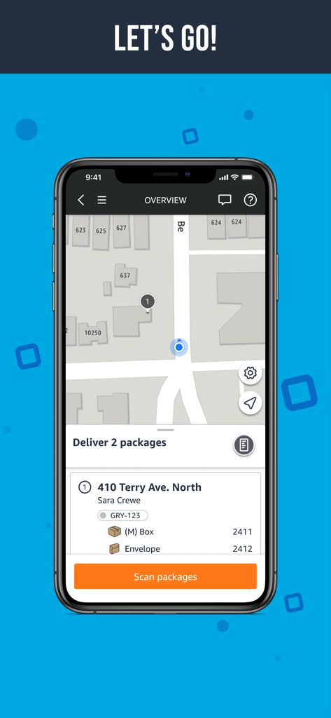 Amazon Flex app showing a delivery location on a map with package scanning instructions