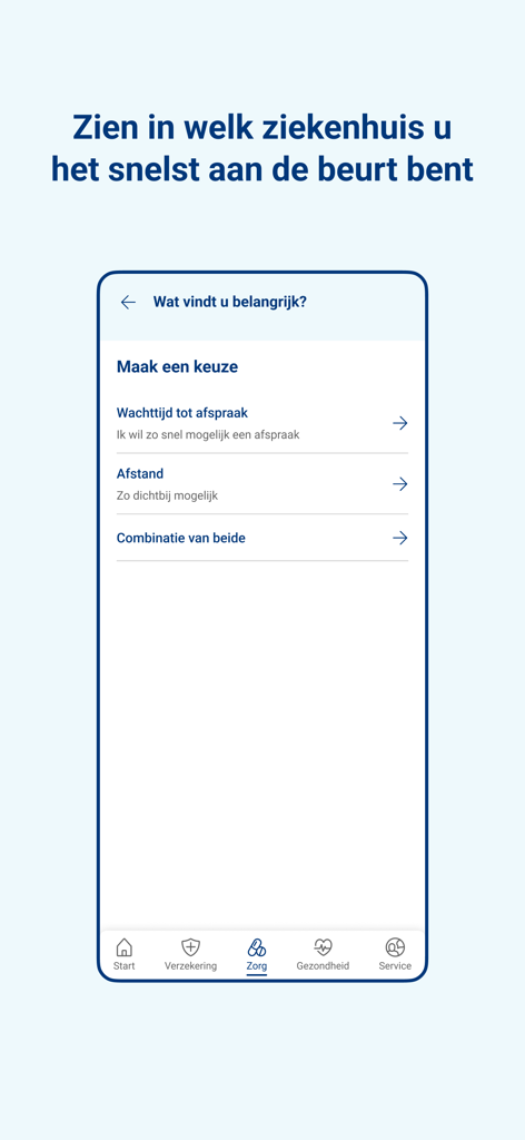 UnitedConsumers Zorg app screen showing options to filter hospital searches by waiting time or distance.