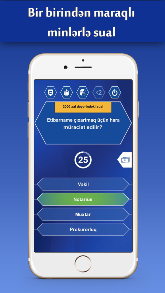 Gameplay screenshot of the Azerbaijani trivia game Yeni Milyoncu showing a multiple choice question