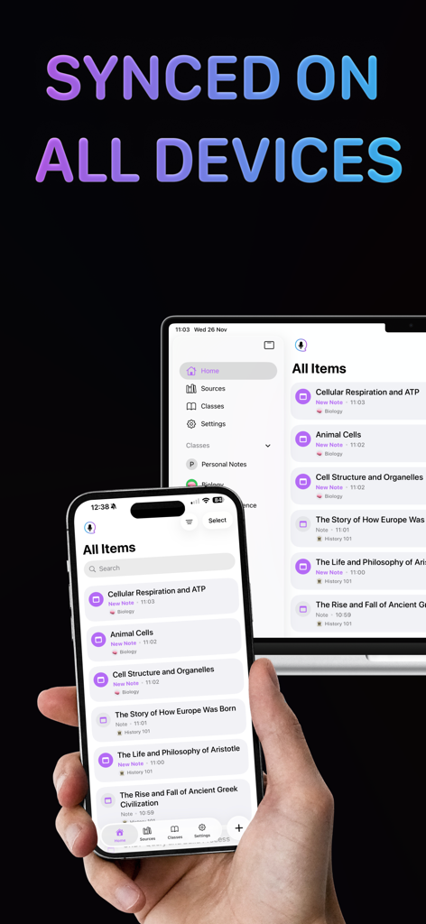 TLDL AI Lecture Note Taker app interface synced on iPhone and iPad