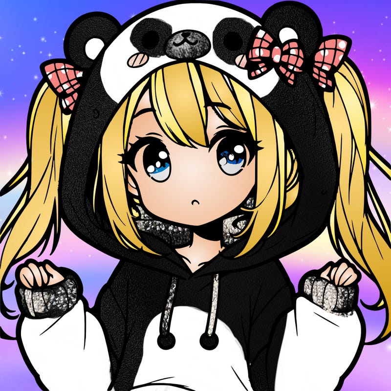 cute anime girl with ponytails and a cute bear hoodie