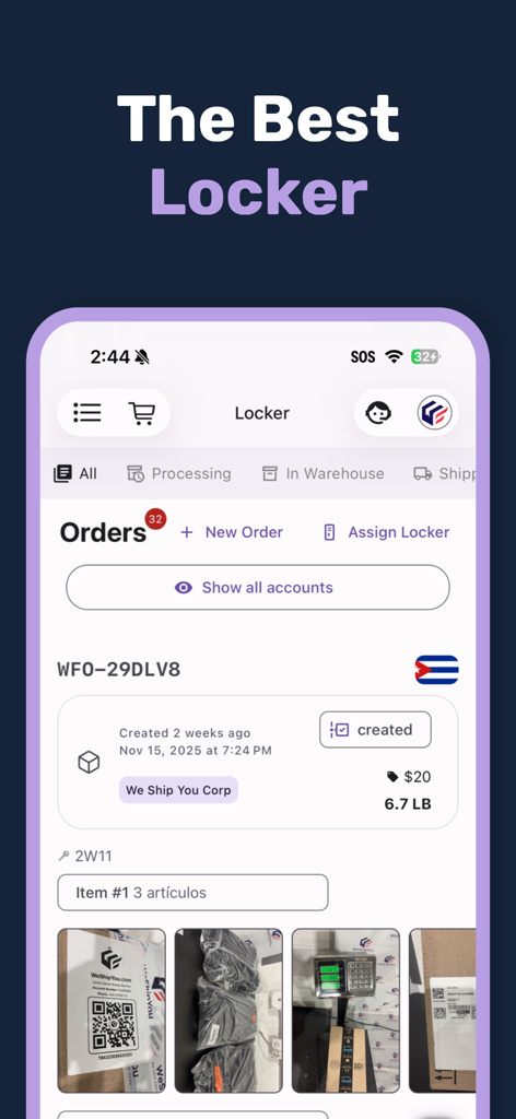We Ship You - We Ship You app locker interface showing package tracking details and shipment status for international orders