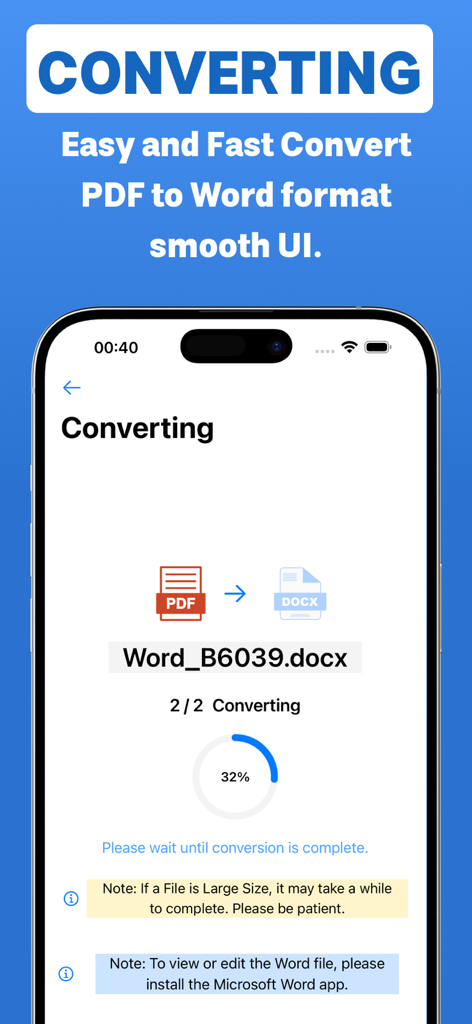 PDF Converter PDF to Word docx - Mobile app interface showing a progress bar for converting a PDF file to a Word docx document