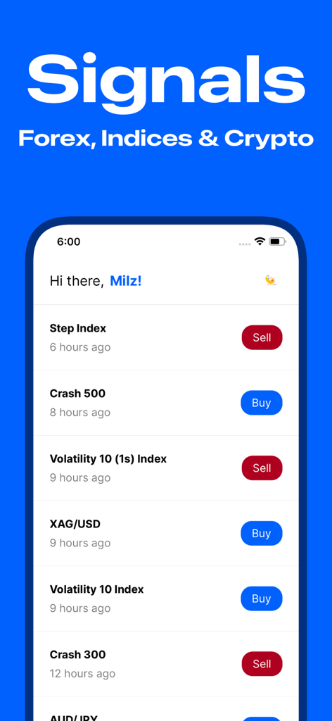 Boom & Crash - Trading Signals - Mobile app interface showing real-time trading signals for forex and volatility indices with buy and sell alerts