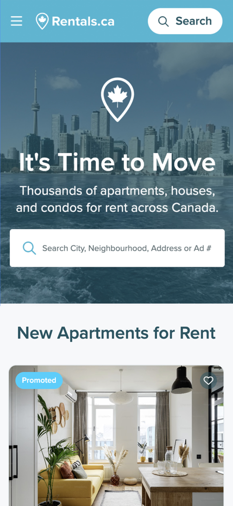 Rentals.ca :) Apartment Finder - Rentals.ca app home screen with search bar and featured Canadian apartment listing