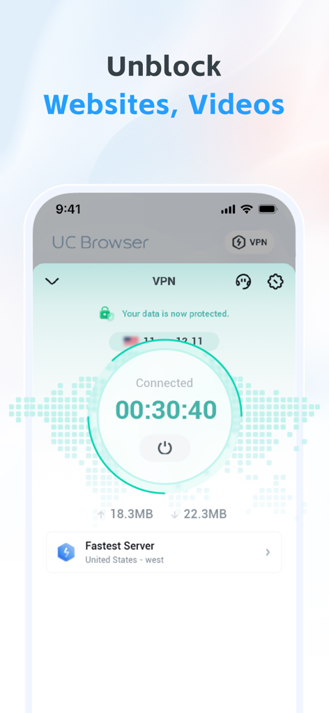 UC Browser app interface showing an active VPN connection with the heading Unblock Websites and Videos.