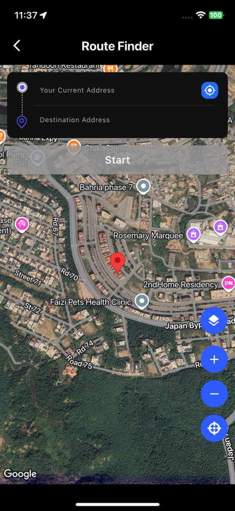 Phone Locator and Phone Finder - Tela do localizador de rotas com mapa de satélite e campos de pesquisa de endereço no aplicativo Phone Locator