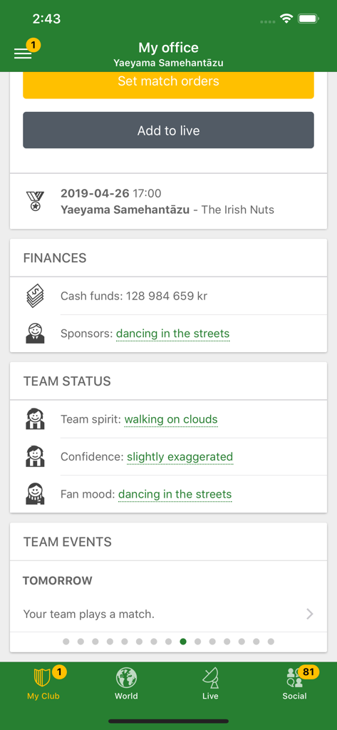 Hattrick Football Manager Game - Vue du tableau de bord de Hattrick Football Manager montrant les finances du club, l'état de l'équipe et les événements des prochains matchs