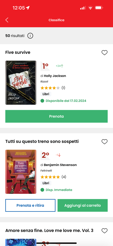 Feltrinelliアプリのスクリーンショット。人気のある本のランキングリストが表示され、予約やカートに追加するオプションがあります。
