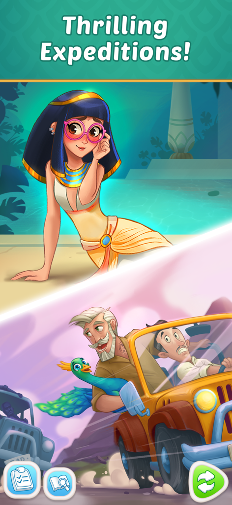 Mansion Tale: Merge Secrets - A woman in Egyptian attire and characters in a yellow jeep during an expedition quest
