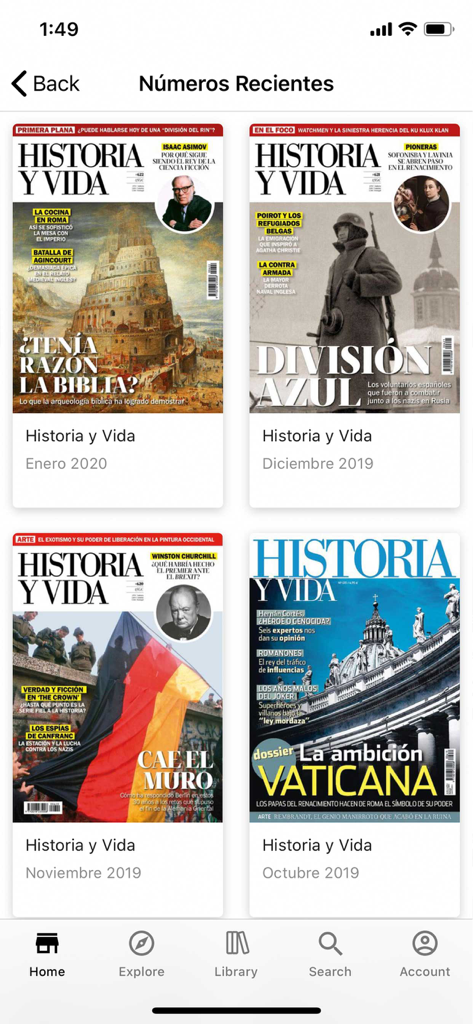 Historia y vida - Uma tela de celular exibindo uma grade de capas de revistas recentes na biblioteca do aplicativo Historia y Vida