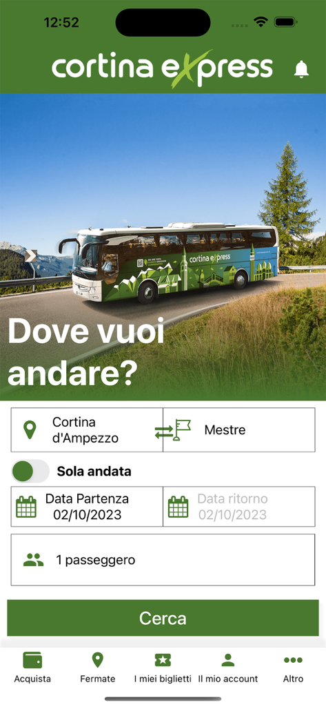 The main booking and search screen of the Cortina Express mobile app for travel to the Dolomites