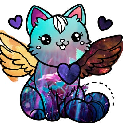 a cat with wings that has a big heart around her that's easy to draw