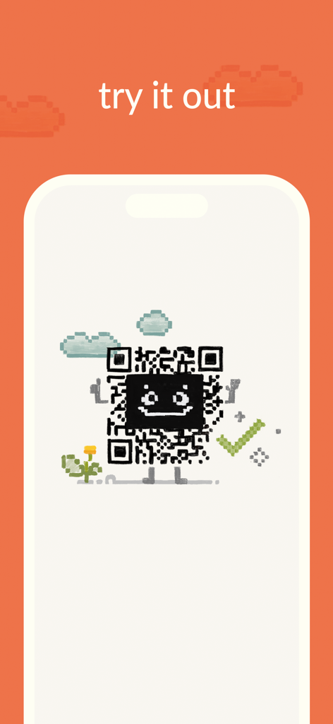 Pass4Wallet 앱 인터페이스 내에 귀여운 얼굴이 있는 스타일화된 픽셀 아트 QR 코드를 표시하는 스마트폰 화면.