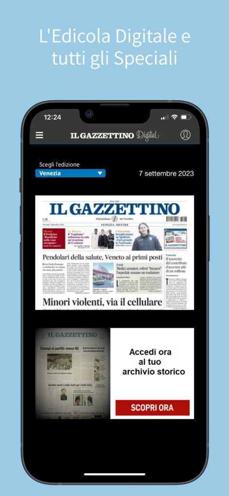 Il Gazzettino - Il Gazzettino mobile app showing the digital newsstand with the Venice edition and historical archive