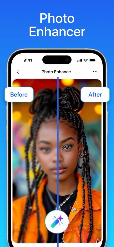 Mary AI Video Image Generator - Side by side comparison of a blurry and sharpened portrait using Mary AI Photo Enhancer
