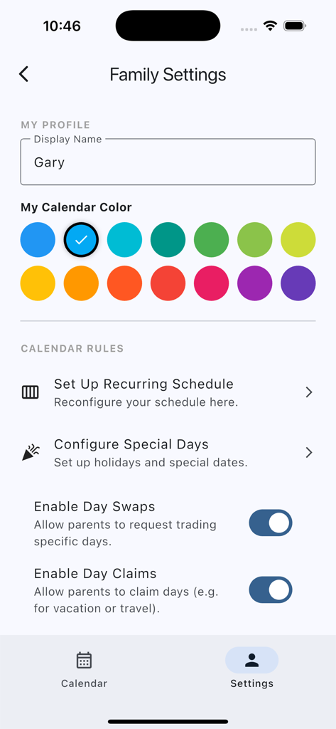 Child Custody Calendar - Family settings screen in the Child Custody Calendar app showing profile setup with a display name and customizable calendar rules for day swaps and claims