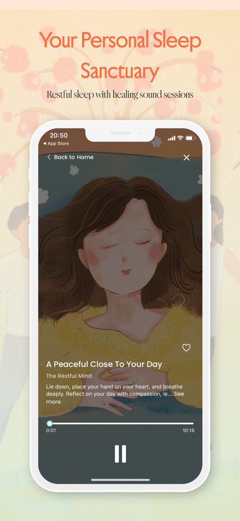 A mobile screen from The Restful Mind app showing a sleep meditation session titled A Peaceful Close To Your Day with a calming illustration