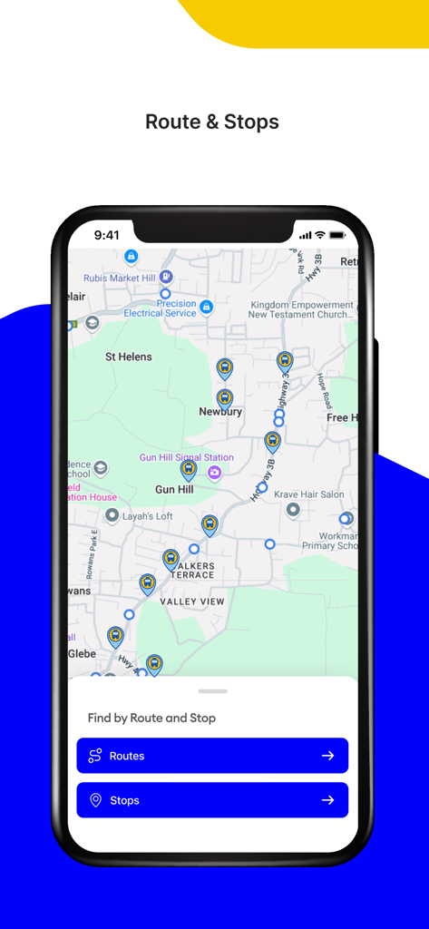 Transitbb - Transitbb app screen showing a map of Barbados with bus stops and route navigation options.