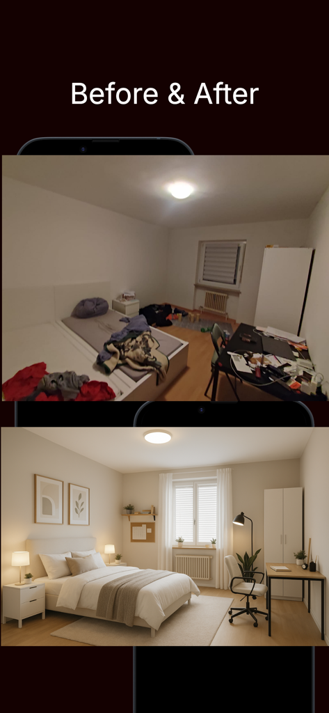 rerender : AI Interior Design - Una comparación antes y después que muestra un dormitorio desordenado transformado en una habitación moderna y limpia usando la IA de rerender