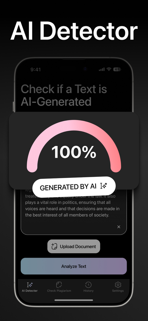 AI Detector Plagiarism Checker - Interfaccia dell'app Rilevatore AI che mostra un risultato di testo generato al 100% da AI su uno smartphone