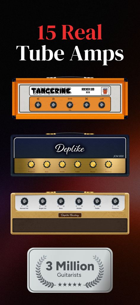 Guitar Amps, Effects, Pedals - A display of virtual guitar tube amplifiers including Tangerine and JCM 800 models within the Deplike app.