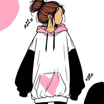 realistic girl with a oversized sweatshirt on and a bun