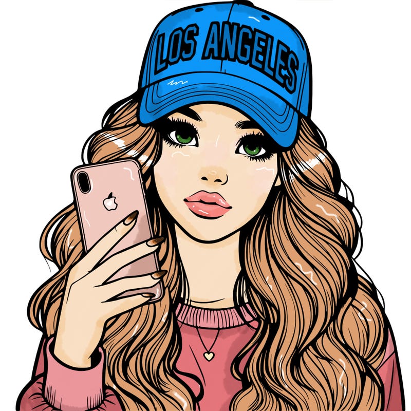 realistic beautiful girl wearing los ángeles cap holding an iphone