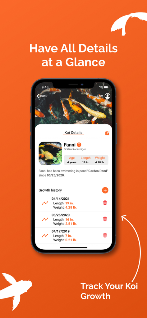 Screen showing individual koi details and growth history in the KoiControl app