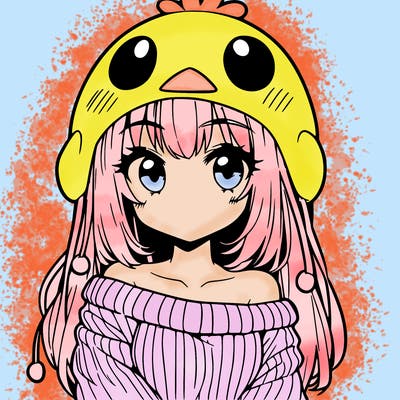 anime girl with chick shaped hat with sweater with bare shoulders with bangs covering them one eye with low tail