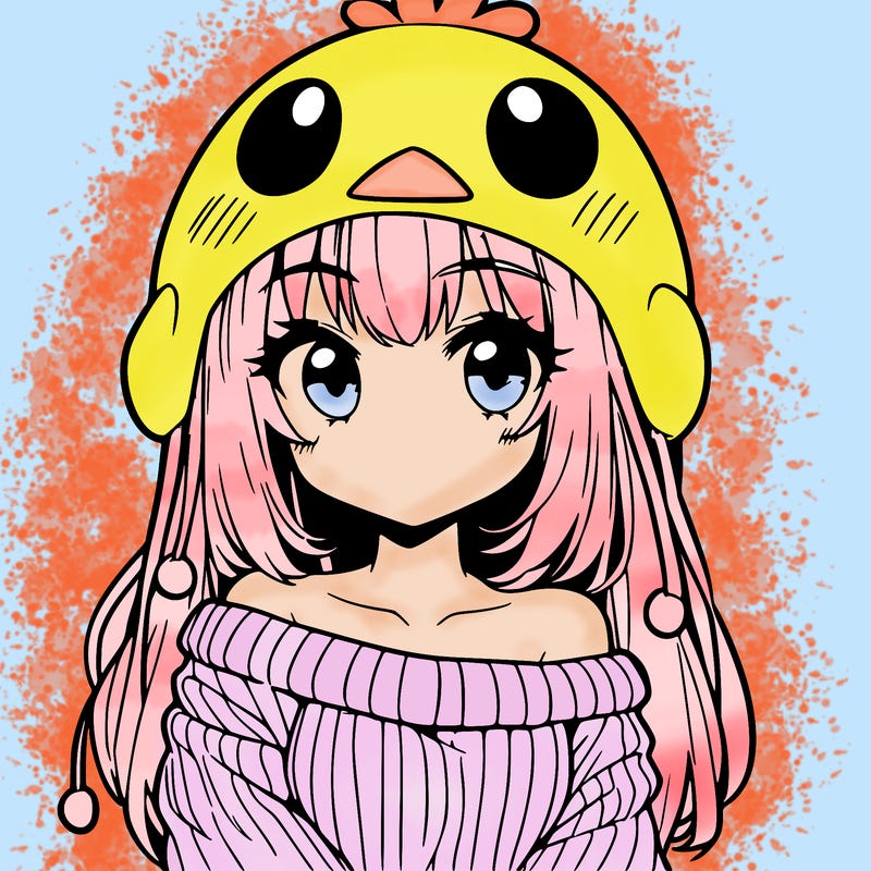 anime girl with chick shaped hat with sweater with bare shoulders with bangs covering them one eye with low tail