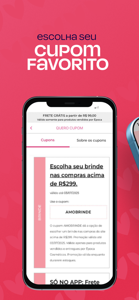 Screenshot dell'app mobile Epoca Cosmeticos che mostra la sezione coupon e premi