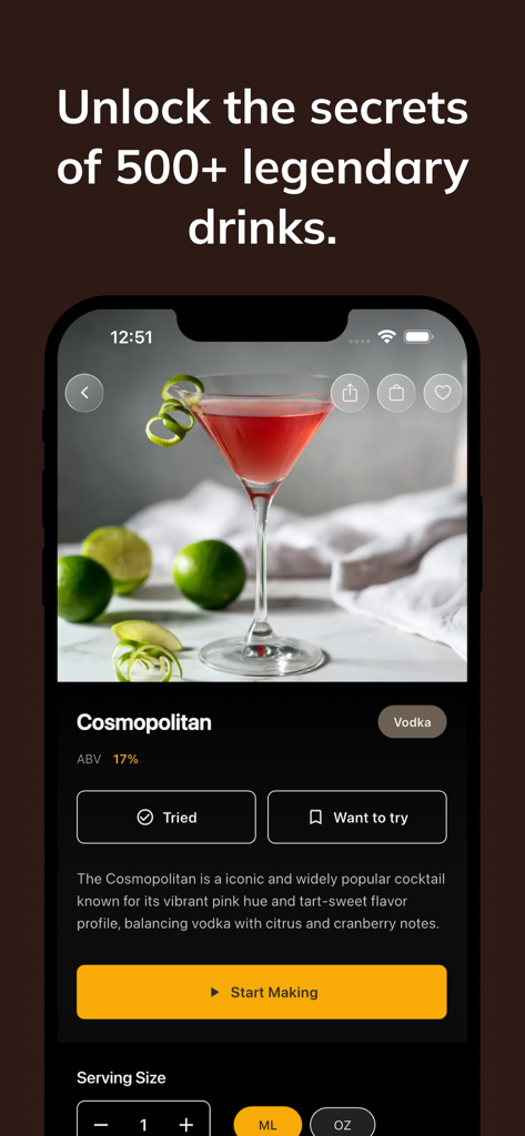 Cocktails & AI Bartender - A Cosmopolitan cocktail recipe page on the Cocktails and AI Bartender mobile app featuring drink details and a start making button.