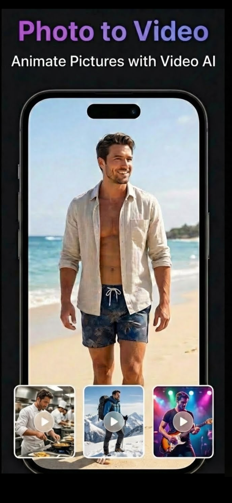 AI Video Generator Video AI - App-Oberfläche, die die Foto-zu-Video-Funktion zur Animation von Bildern in filmreife Clips zeigt