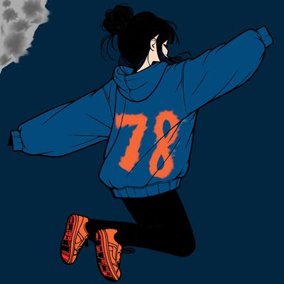 realistic girl jumping with a bun and oversized sweatshirt