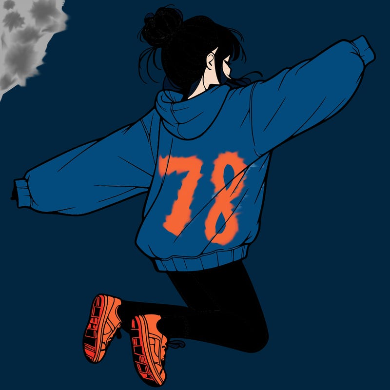 realistic girl jumping with a bun and oversized sweatshirt