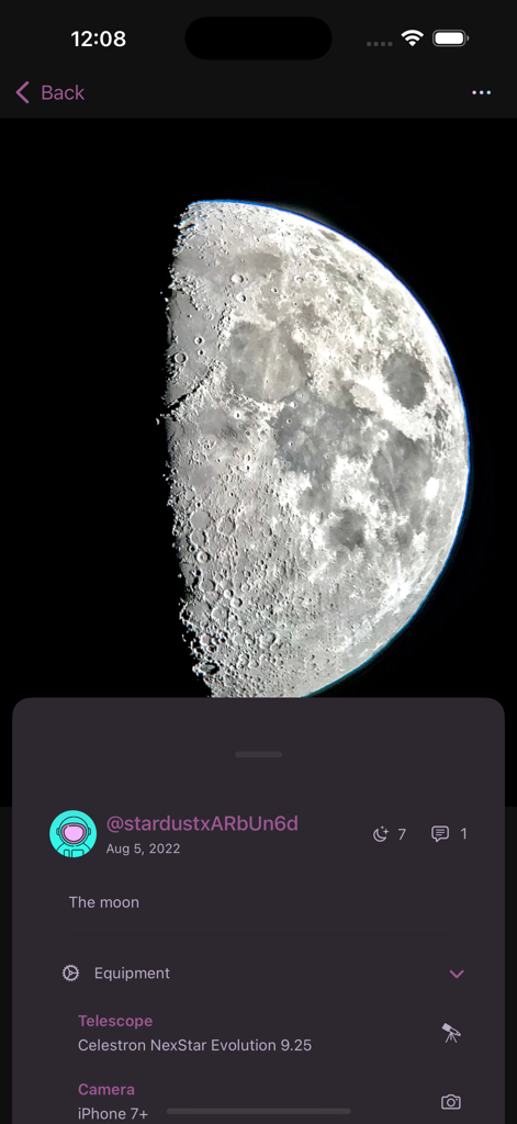 Stardust: Astrophotography - Stardust app screenshot showing a detailed moon photograph with equipment metadata for a Celestron telescope and iPhone camera