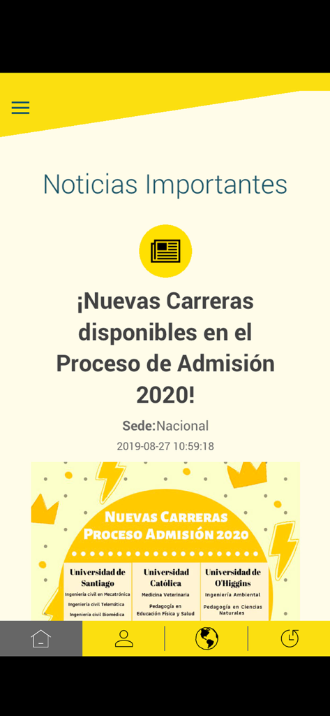 Preu PDV - Important news screen in the Preu PDV app showing university admission updates