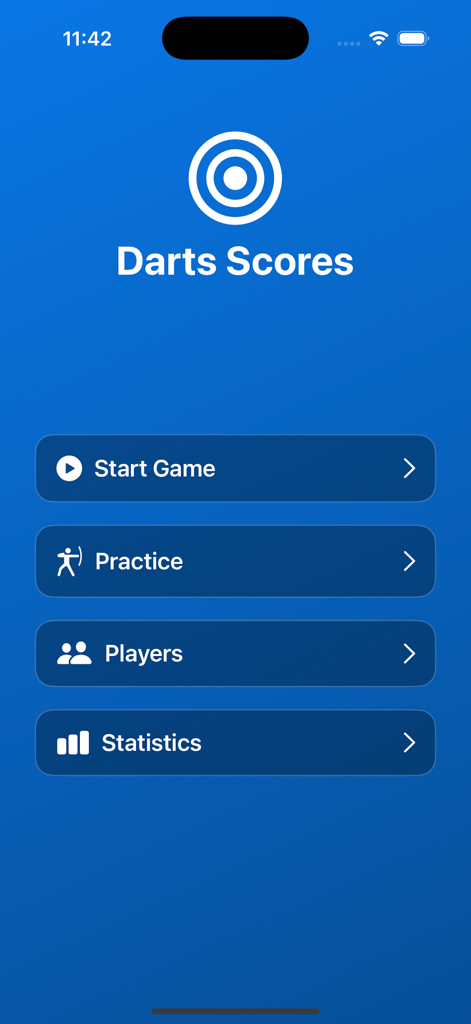 Darts Scores - Main menu of the Darts Scores app showing options for game practice players and statistics
