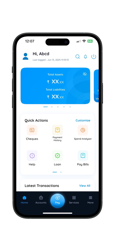 SVC NXT - Tela inicial do aplicativo bancário SVC NXT mostrando o resumo da conta e ícones de ação rápida.