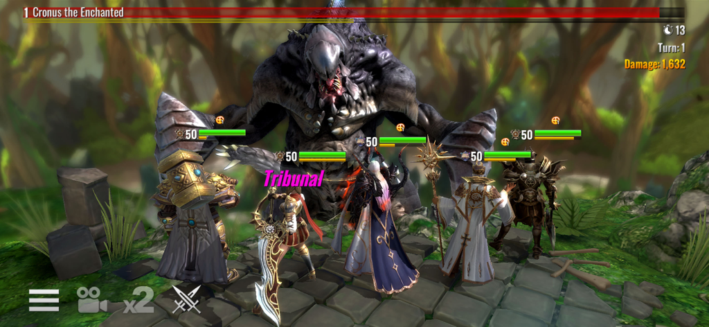 Arcane Heroes: Warbound - A team of four heroes battles the massive boss Cronus the Enchanted in a forest setting in Arcane Heroes Warbound