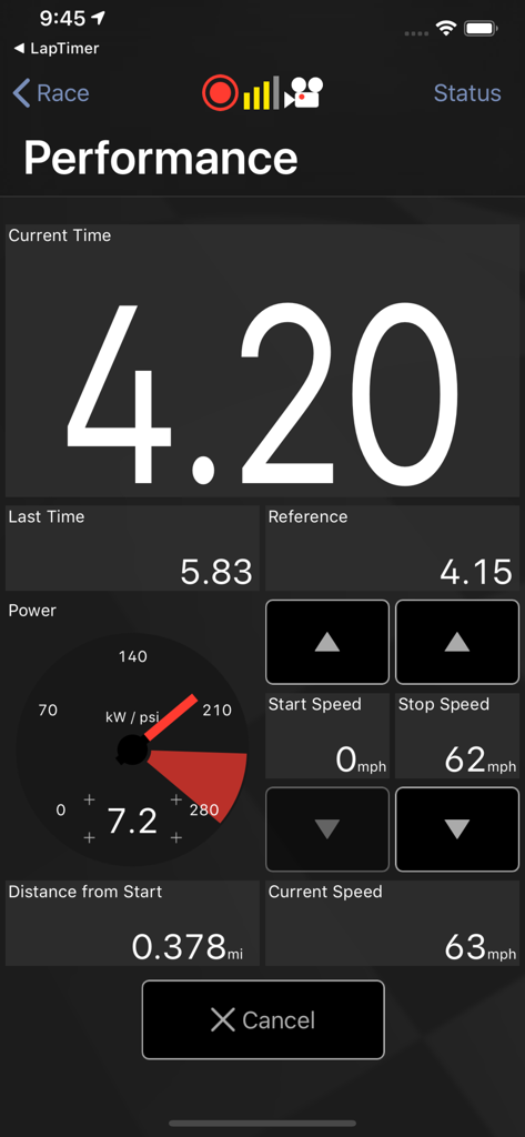 Panel de rendimiento en Harrys LapTimer que muestra velocidad en tiempo real y datos de vueltas.