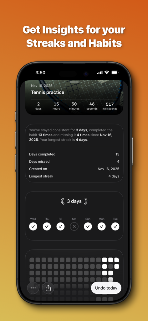 Left - Widgets for Time Left - Detailed habit and streak tracking interface showing statistics for tennis practice and daily progress