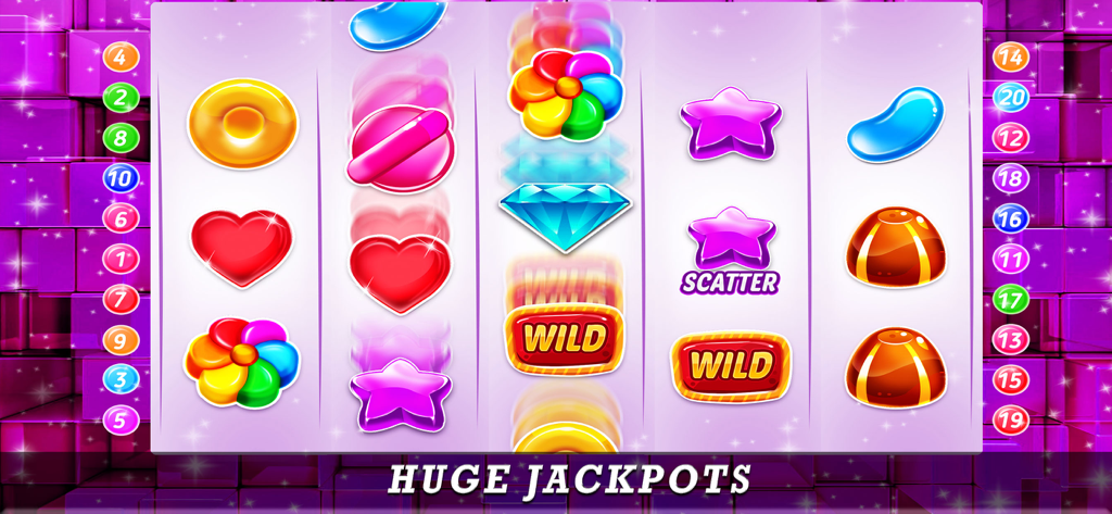 777 Slot Machine Casino Games - 다채로운 보석 심볼과 거대한 잭팟 텍스트가 있는 캔디 테마 슬롯머신 인터페이스.