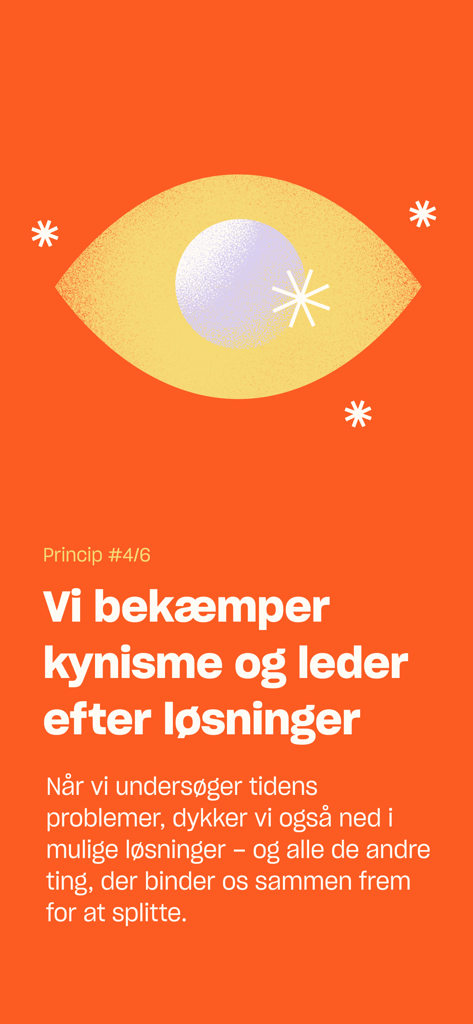 Zetland - Screenshot dell'app Zetland che mostra il suo quarto principio sulla lotta al cinismo e sulla ricerca di soluzioni su uno sfondo arancione brillante.