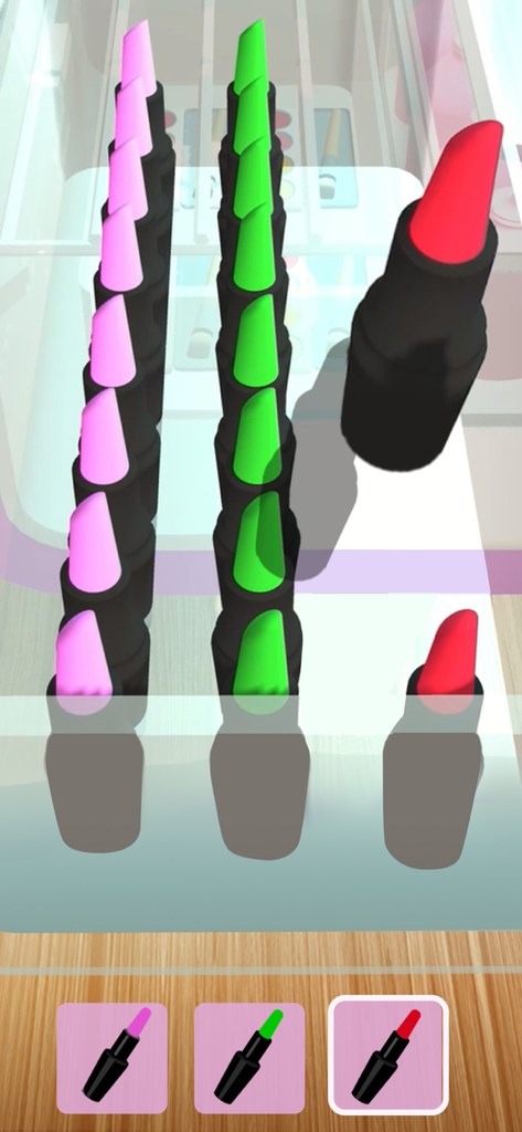 Sorting pink green and red lipsticks in a drawer