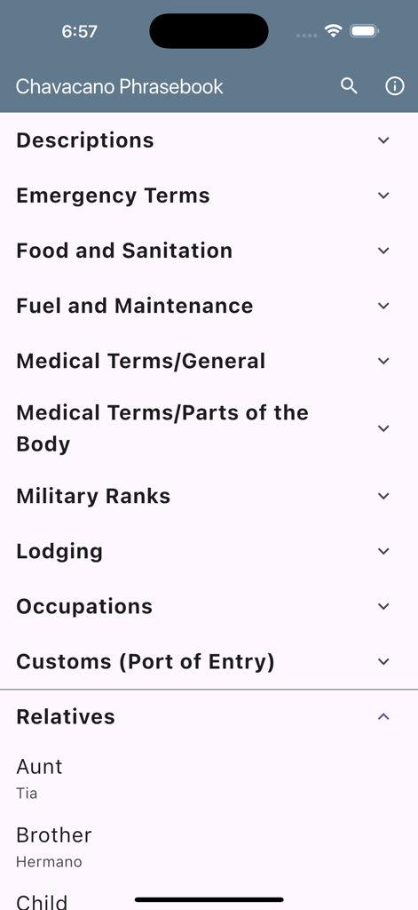 Chavacano Phrasebook - List of phrase categories in the Chavacano Phrasebook app including military ranks and medical terms