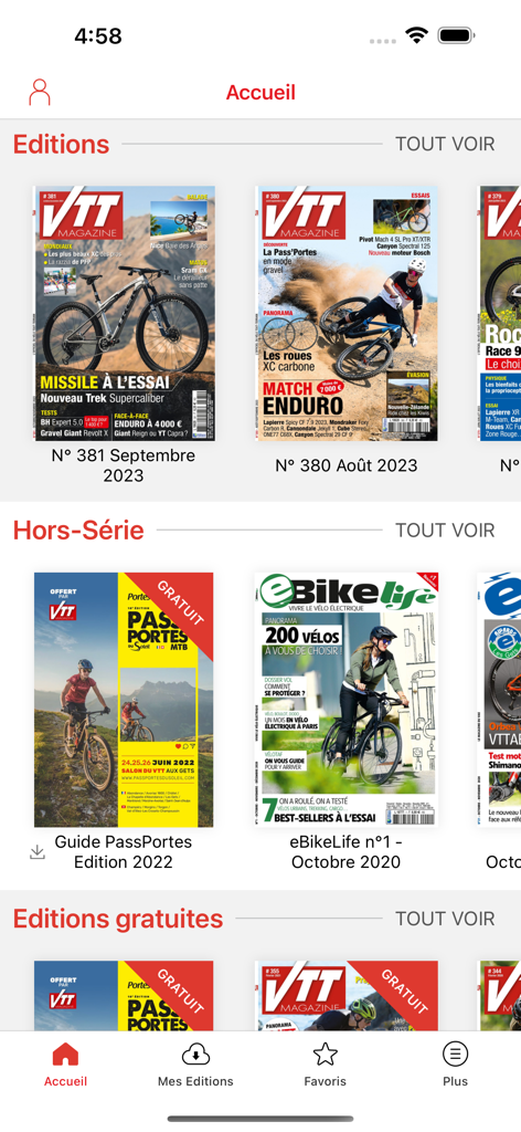 VTT Magazine - Écran d'accueil de l'application VTT Magazine affichant divers numéros de magazines de VTT et des éditions spéciales